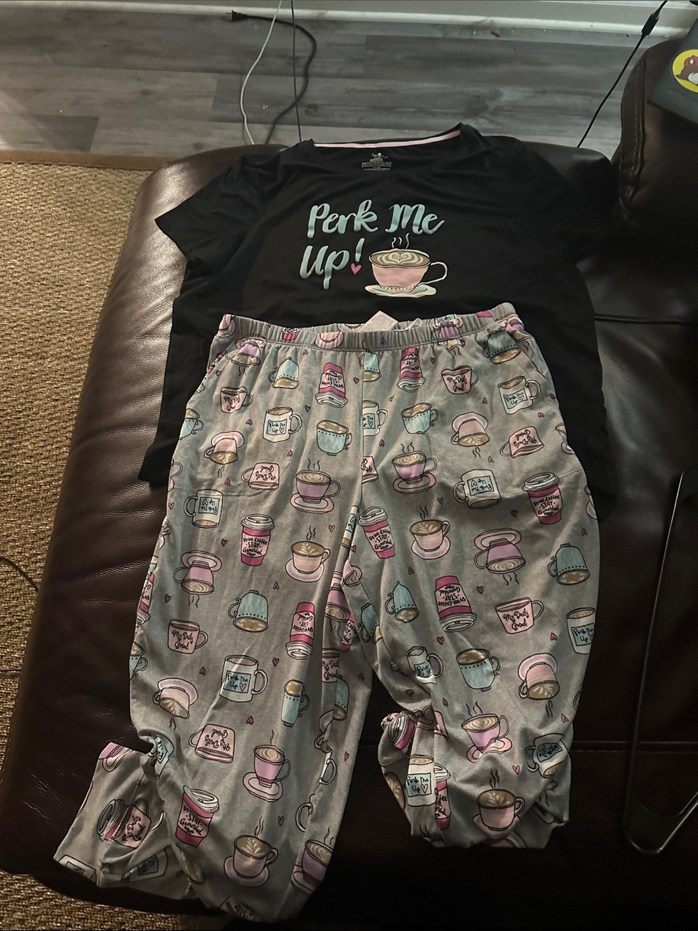 Secret Treasures Black Top with Gray Pastel Coffee Cup Pajama Set